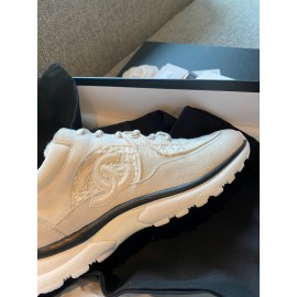 Chanel Autumn Winter Lace Up Casual Sneakers For Women White
