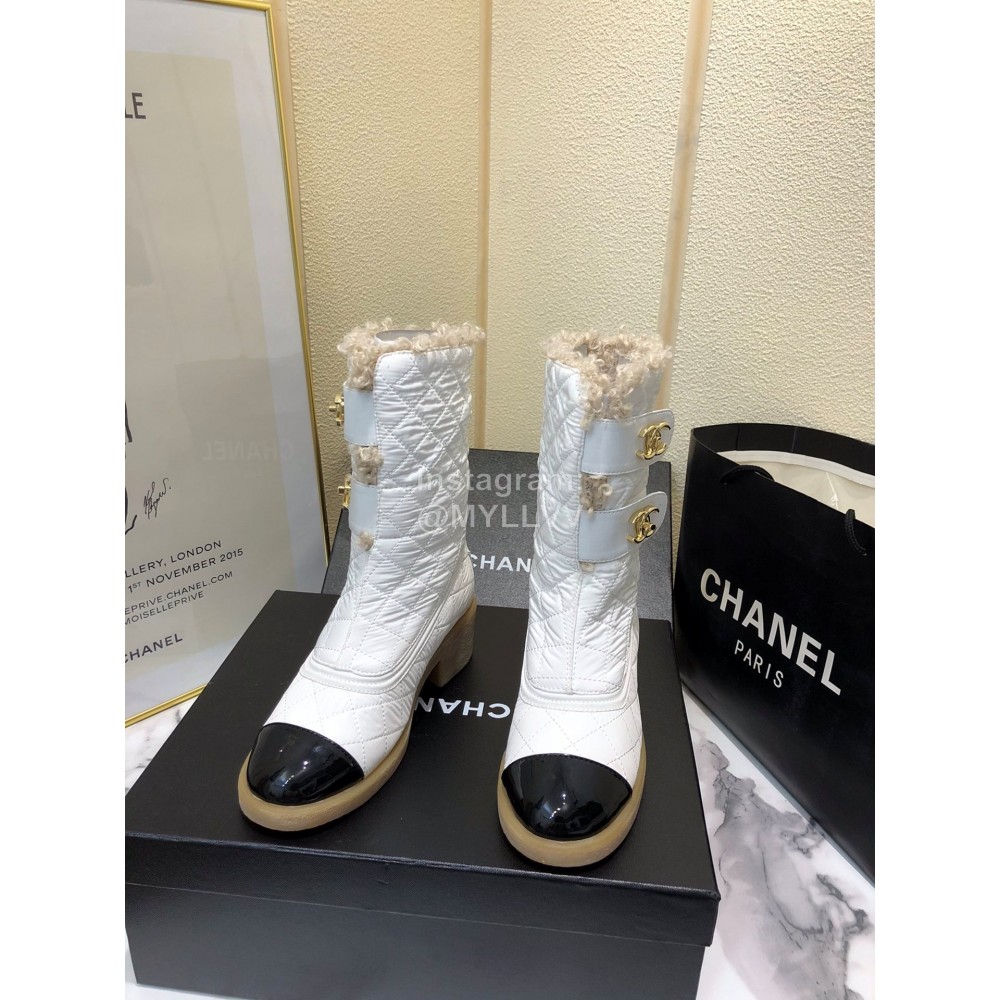 Chanel Winter Lamb Fur Cow Leather Thick High Heel Boots White