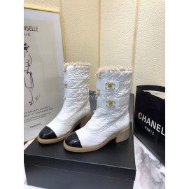 Chanel Winter Lamb Fur Cow Leather Thick High Heel Boots White