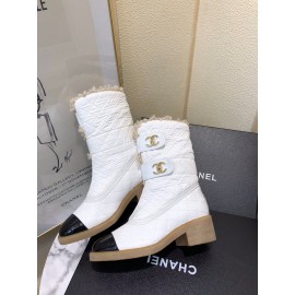 Chanel Winter Lamb Fur Cow Leather Thick High Heel Boots White