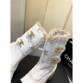 Chanel Winter Lamb Fur Cow Leather Thick High Heel Boots White