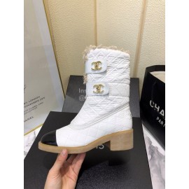 Chanel Winter Lamb Fur Cow Leather Thick High Heel Boots White
