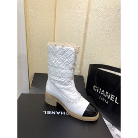 Chanel Winter Lamb Fur Cow Leather Thick High Heel Boots White