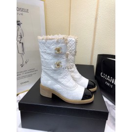 Chanel Winter Lamb Fur Cow Leather Thick High Heel Boots White