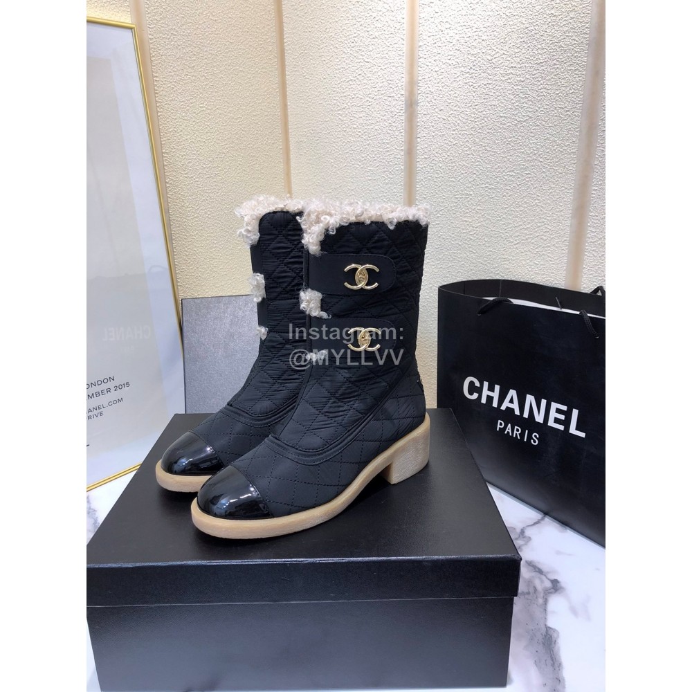 Chanel Winter Lamb Fur Cow Leather Thick High Heel Boots Black