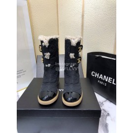 Chanel Winter Lamb Fur Cow Leather Thick High Heel Boots Black