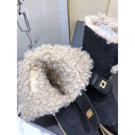 Chanel Winter Lamb Fur Cow Leather Thick High Heel Boots Black