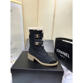 Chanel Winter Lamb Fur Cow Leather Thick High Heel Boots Black