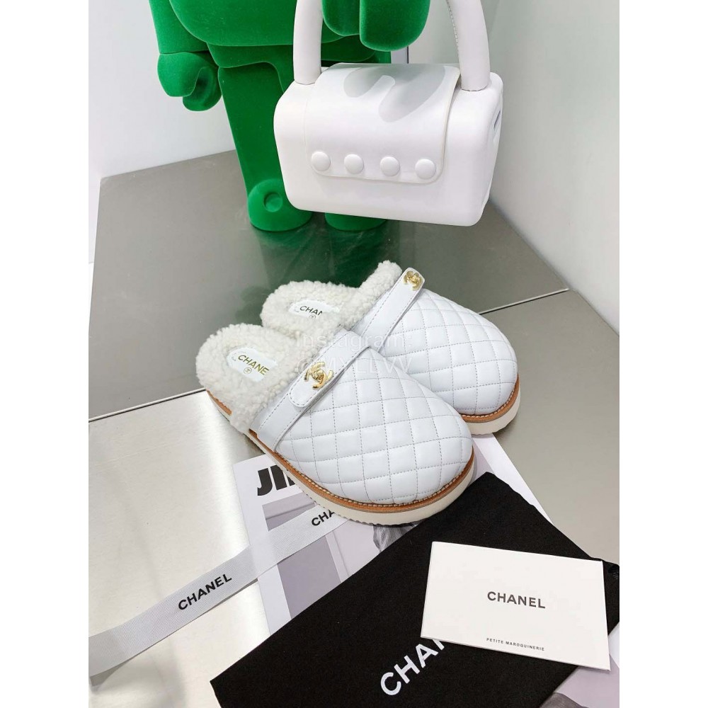 Chanel Winter Lamb Fur Slippers For Women White