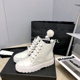 Chanel Winter Cowhide Lace Up Short Boots For Women White