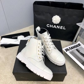 Chanel Winter Cowhide Lace Up Short Boots For Women White