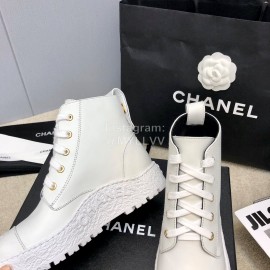 Chanel Winter Cowhide Lace Up Short Boots For Women White