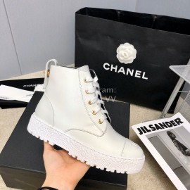 Chanel Winter Cowhide Lace Up Short Boots For Women White
