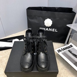 Chanel Winter Cowhide Lace Up Short Boots For Women Black