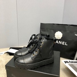 Chanel Winter Cowhide Lace Up Short Boots For Women Black