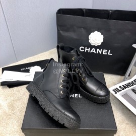 Chanel Winter Cowhide Lace Up Short Boots For Women Black