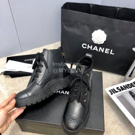 Chanel Winter Cowhide Lace Up Short Boots For Women Black