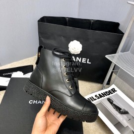 Chanel Winter Cowhide Lace Up Short Boots For Women Black