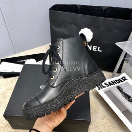 Chanel Winter Cowhide Lace Up Short Boots For Women Black