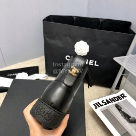 Chanel Winter Cowhide Lace Up Short Boots For Women Black