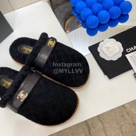 Chanel Winter Velvet Wool Slippers For Women Black