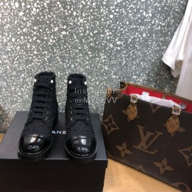 Chanel Autumn Winter Woolen Leather Lace Up Martin Boots Black