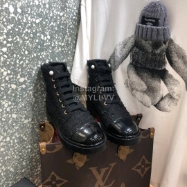 Chanel Autumn Winter Woolen Leather Lace Up Martin Boots Black