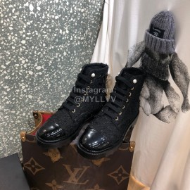 Chanel Autumn Winter Woolen Leather Lace Up Martin Boots Black