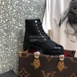 Chanel Autumn Winter Woolen Leather Lace Up Martin Boots Black