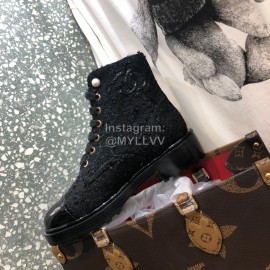 Chanel Autumn Winter Woolen Leather Lace Up Martin Boots Black