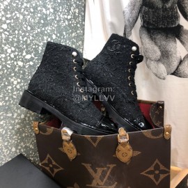 Chanel Autumn Winter Woolen Leather Lace Up Martin Boots Black