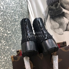 Chanel Autumn Winter Woolen Leather Lace Up Martin Boots Black