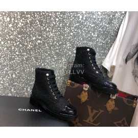 Chanel Autumn Winter Woolen Leather Lace Up Martin Boots Black
