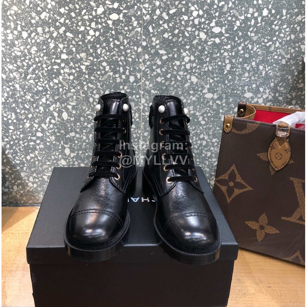 Chanel Autumn Winter Leather Lace Up Martin Boots Black