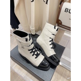 Chanel Autumn Winter Fashion Cowhide Lace Up Martin Boots White