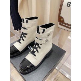 Chanel Autumn Winter Fashion Cowhide Lace Up Martin Boots White