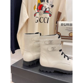 Chanel Autumn Winter Fashion Cowhide Lace Up Martin Boots White