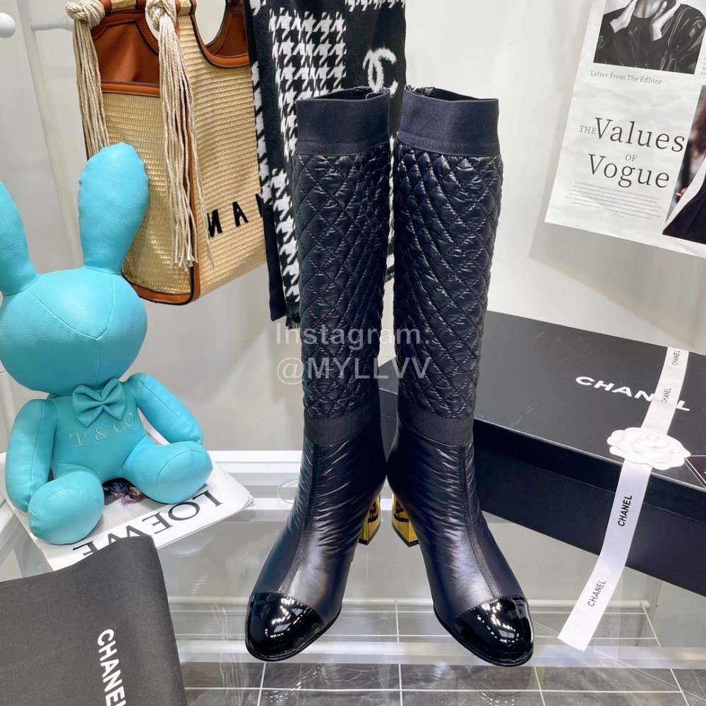 Chanel Waterproof Cloth Cowhide Thick High Heeled Boots Black