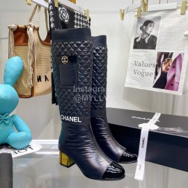 Chanel Waterproof Cloth Cowhide Thick High Heeled Boots Black
