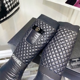 Chanel Waterproof Cloth Cowhide Thick High Heeled Boots Black