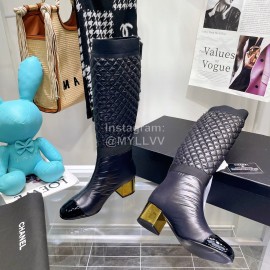 Chanel Waterproof Cloth Cowhide Thick High Heeled Boots Black