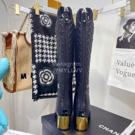 Chanel Waterproof Cloth Cowhide Thick High Heeled Boots Black