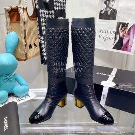 Chanel Waterproof Cloth Cowhide Thick High Heeled Boots Black