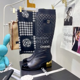 Chanel Waterproof Cloth Cowhide Thick High Heeled Boots Black