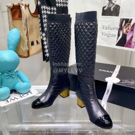 Chanel Waterproof Cloth Cowhide Thick High Heeled Boots Black