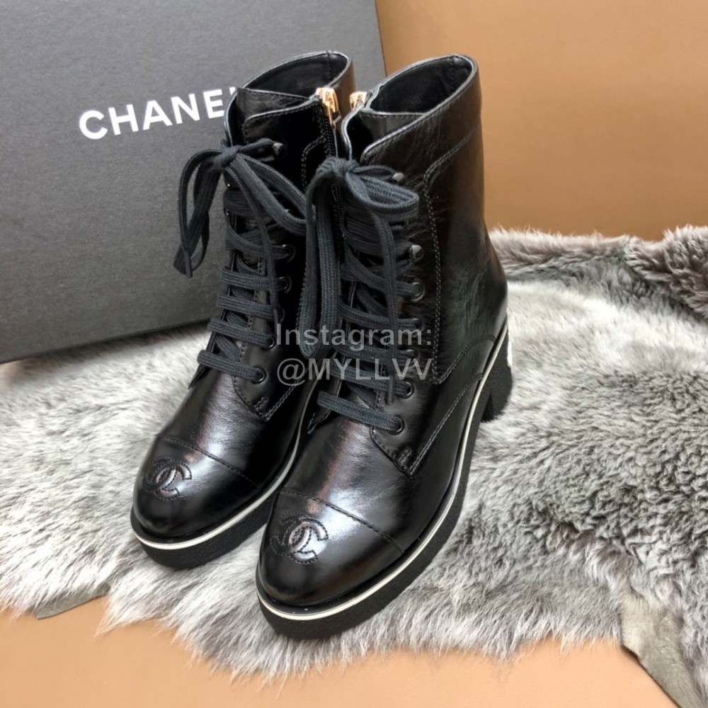 Chanel Black Leather Lace Up Thick High Heel Short Boots For Women