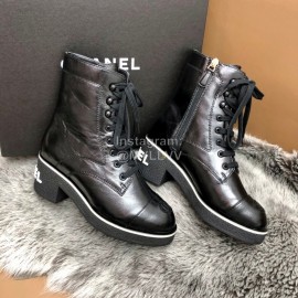 Chanel Black Leather Lace Up Thick High Heel Short Boots For Women
