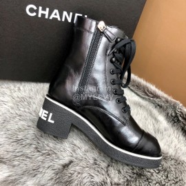 Chanel Black Leather Lace Up Thick High Heel Short Boots For Women