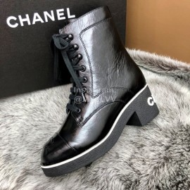 Chanel Black Leather Lace Up Thick High Heel Short Boots For Women