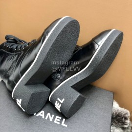Chanel Black Leather Lace Up Thick High Heel Short Boots For Women